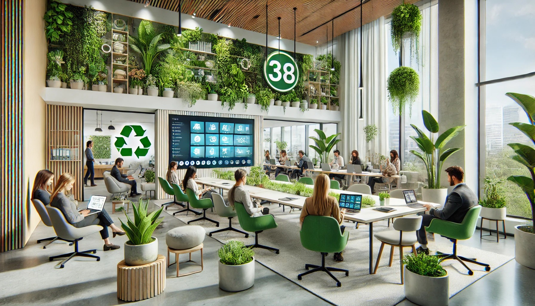 A modern office space with a group of diverse professionals collaborating on a sustainability project, featuring eco-friendly elements like plants and reusable water bottles.